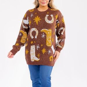 Entro Brown Sweater with Yellow and White Western Motif